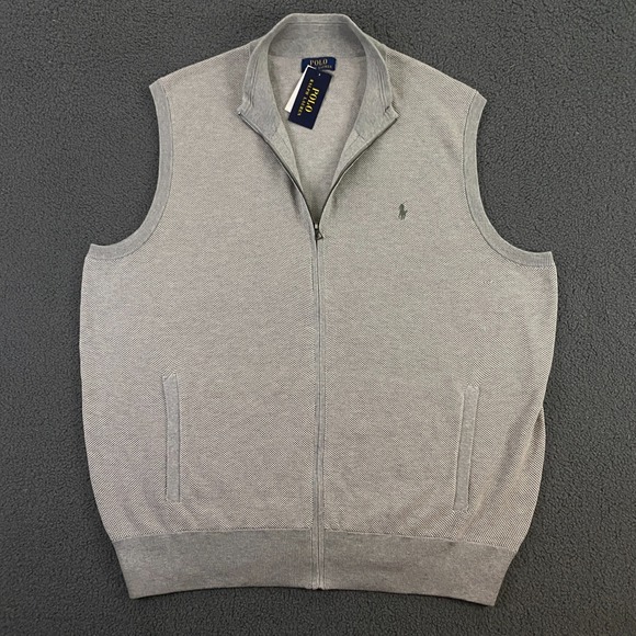 Polo Ralph Lauren Sweater Vest Mens 2XLT Pima Cotton Knit Full Zip Pony Gray